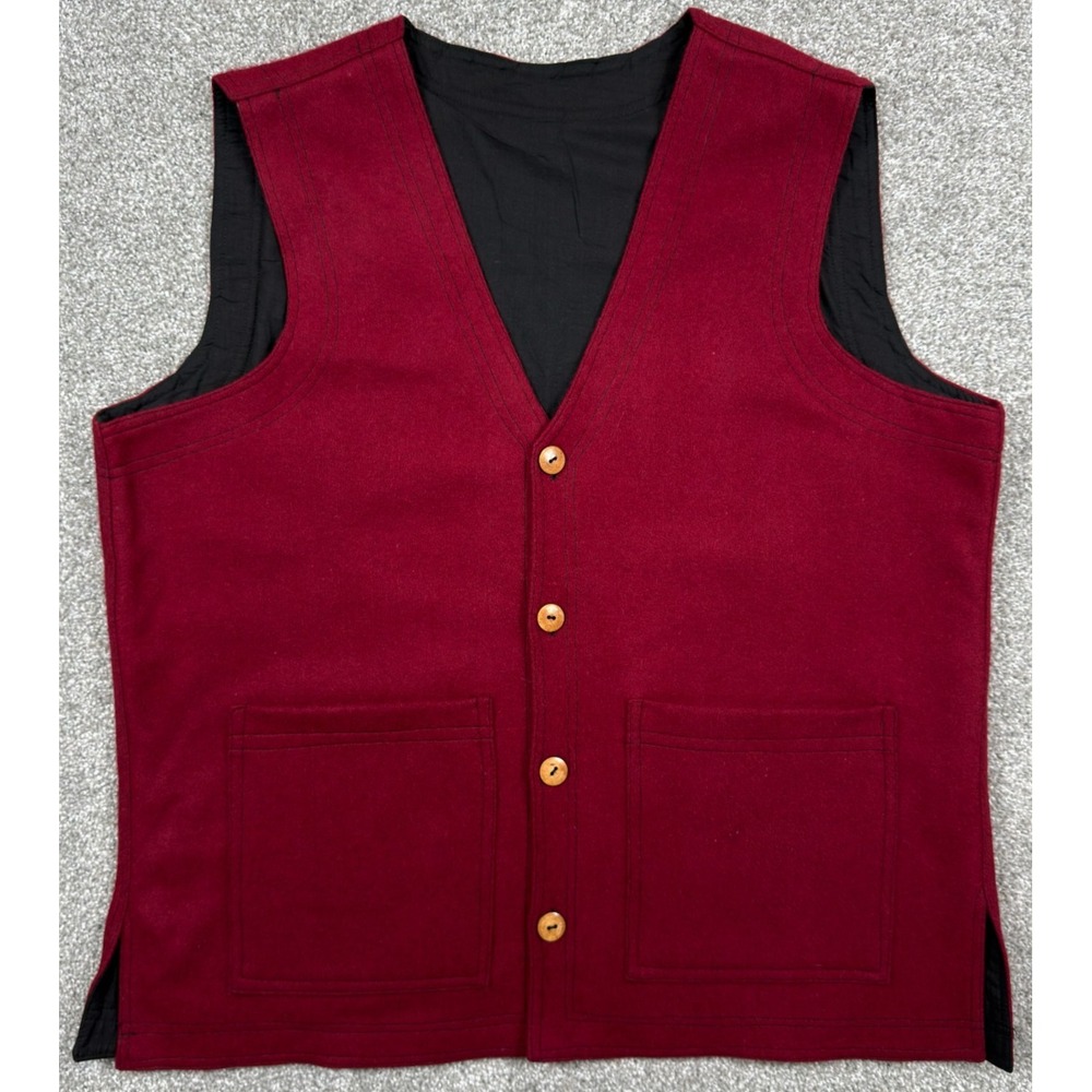 Nepal Handmade Wool Vest Mens L Red 100% Wool Lined Boho Artisan Wood Buttons
